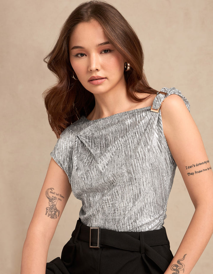 Silver Metallic Textured Twisted Strap Top