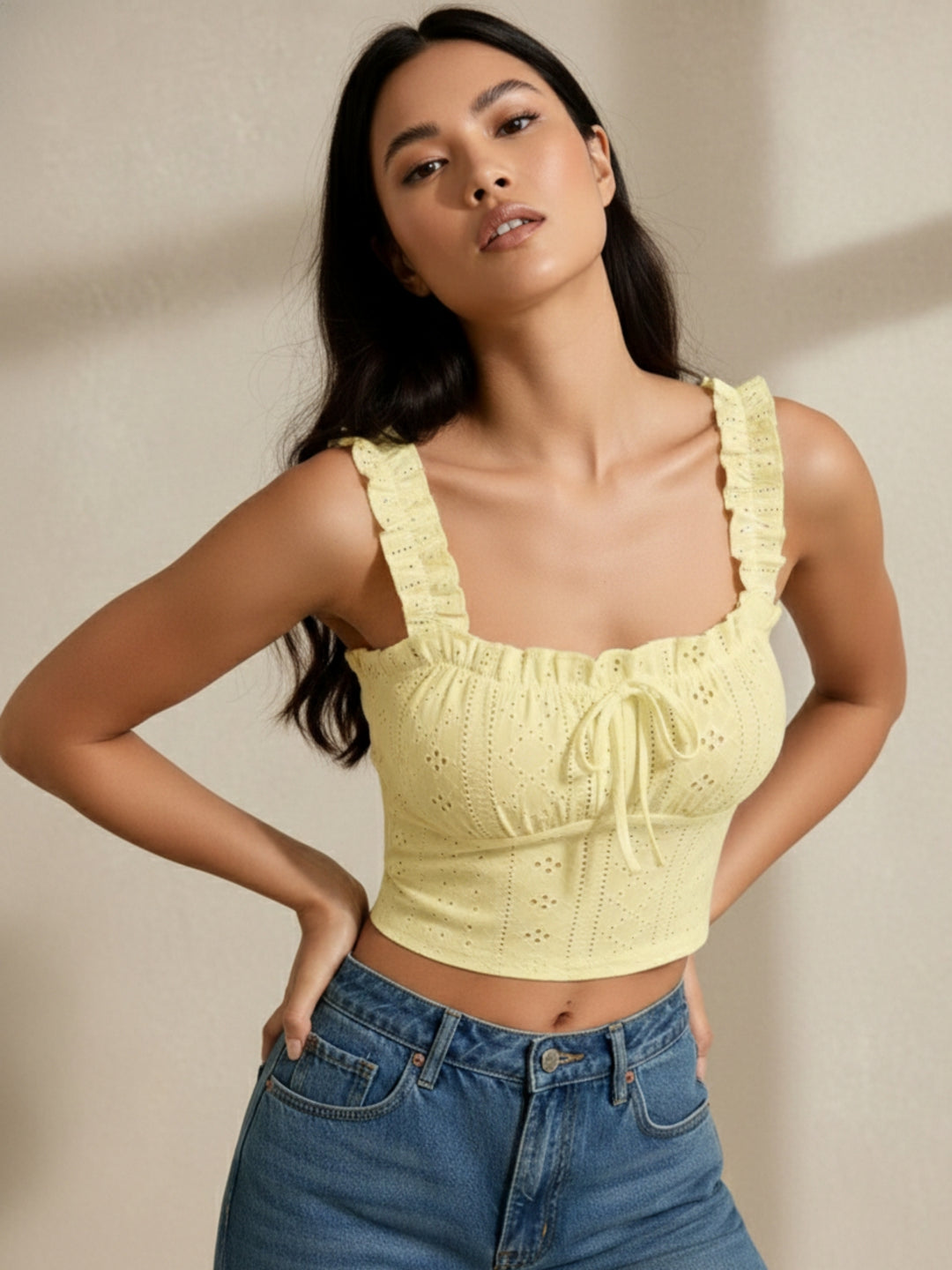 Yellow Ruffle Shoulder Schiffli Top