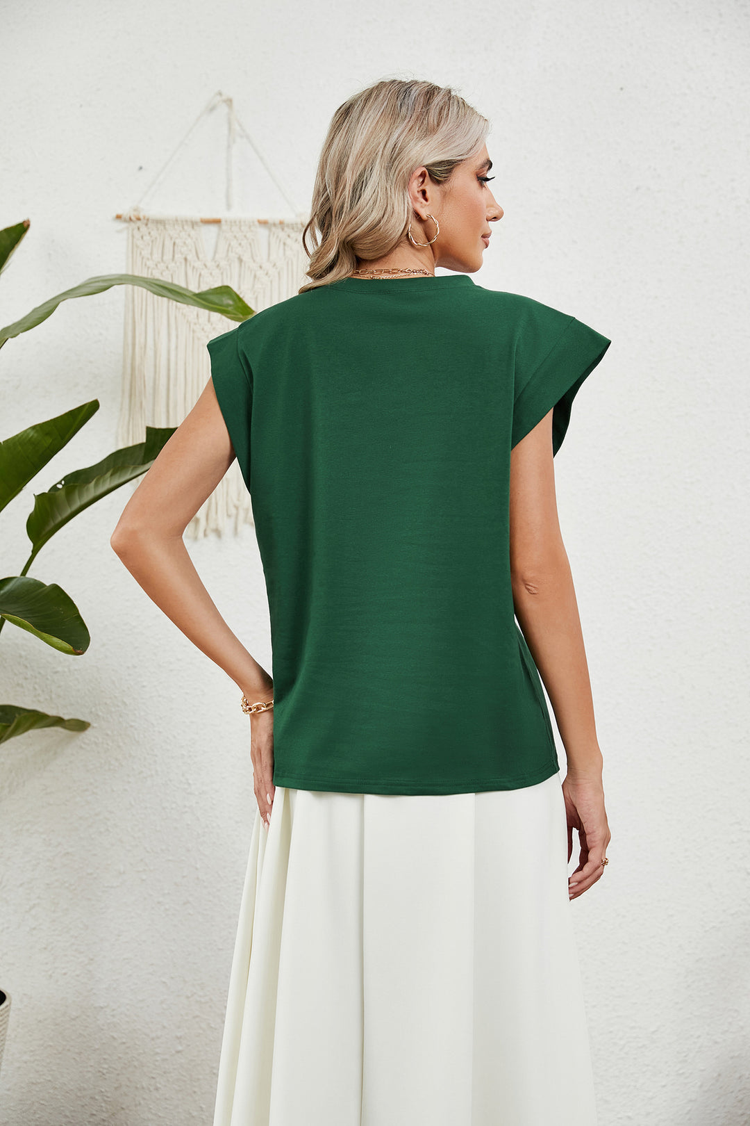 Dark Green Short Sleeves Round Neck Top
