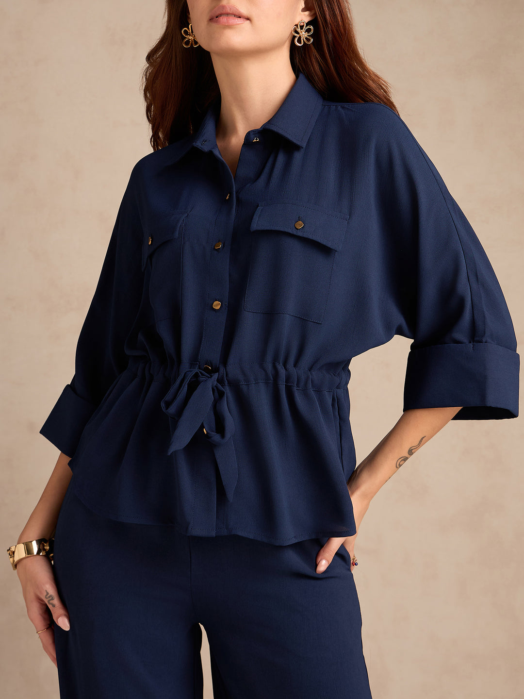 Navy Blue Coord Set With Oversized Utility Shirt With Wide Leg Touser In Elevated Textured Fabric