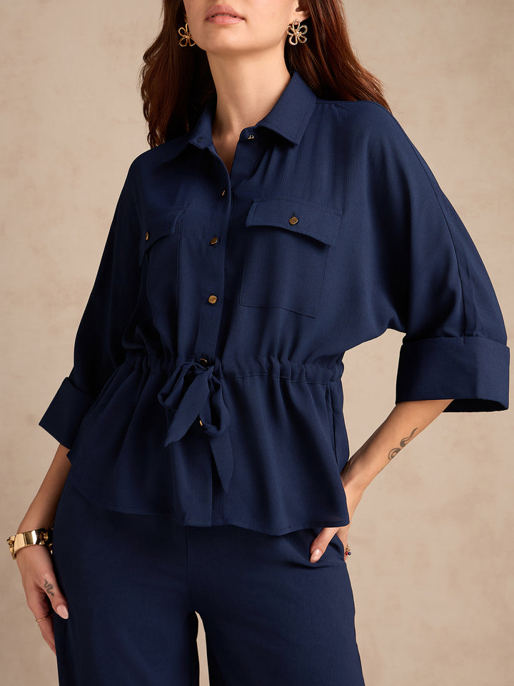 Navy Blue Coord Set With Oversized Utility Shirt With Wide Leg Touser In Elevated Textured Fabric