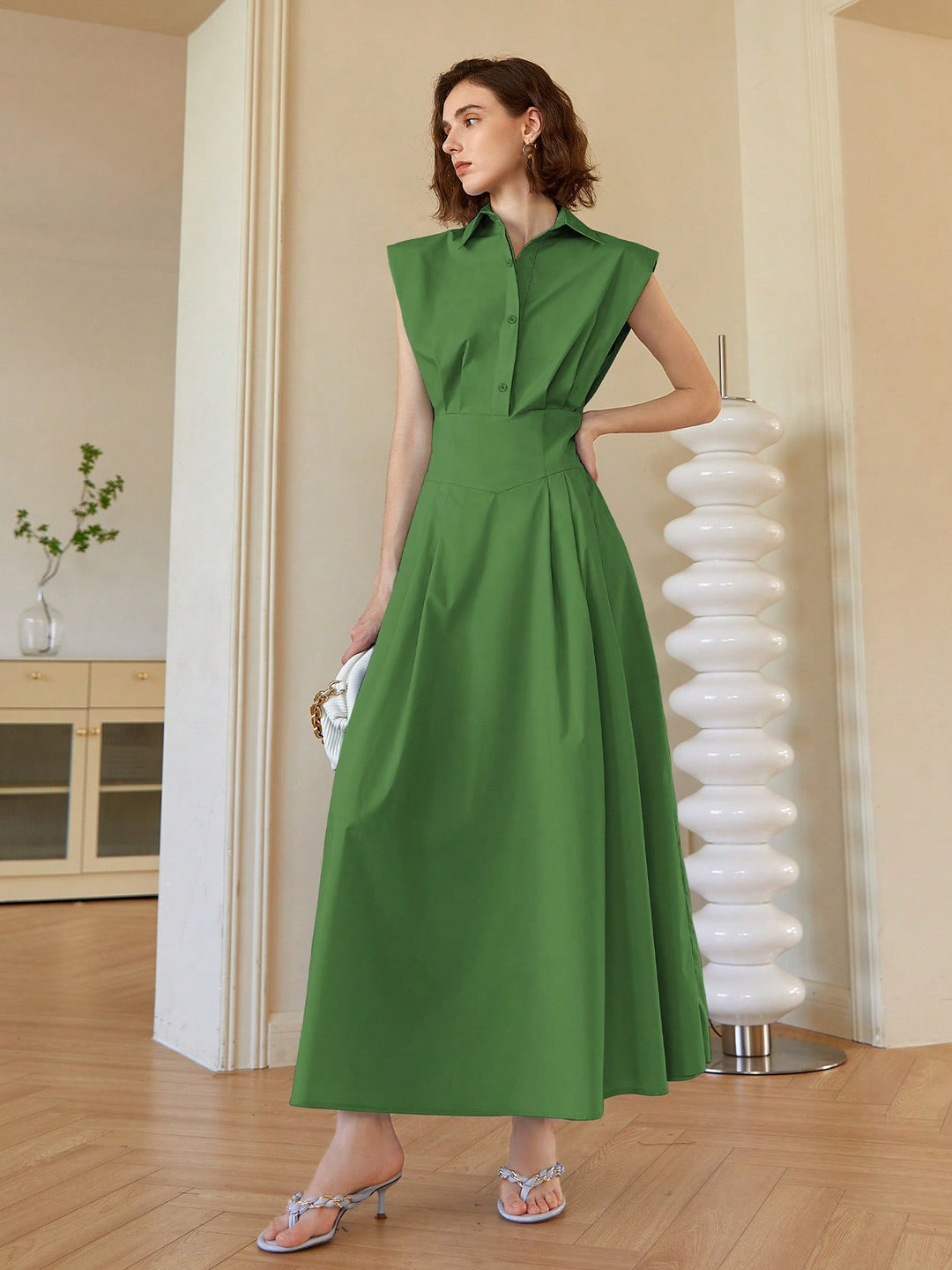 Green Front Button Shirt Style Sleeveless Dress
