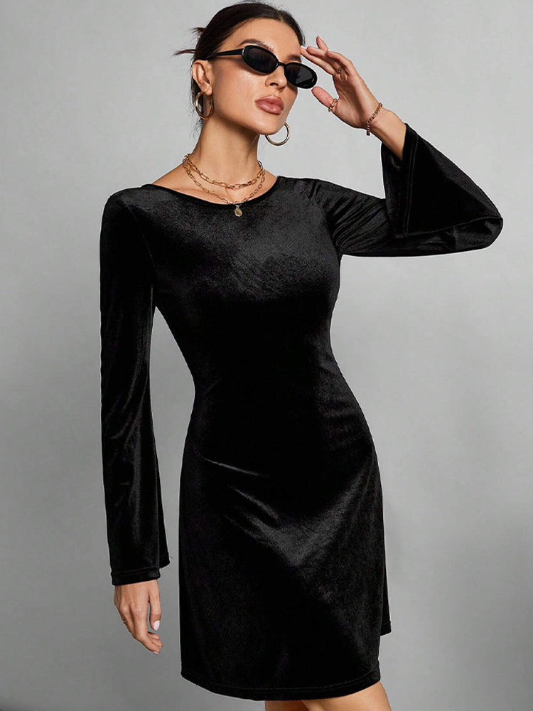 Black Back U Neck Tie Up Skater Dress