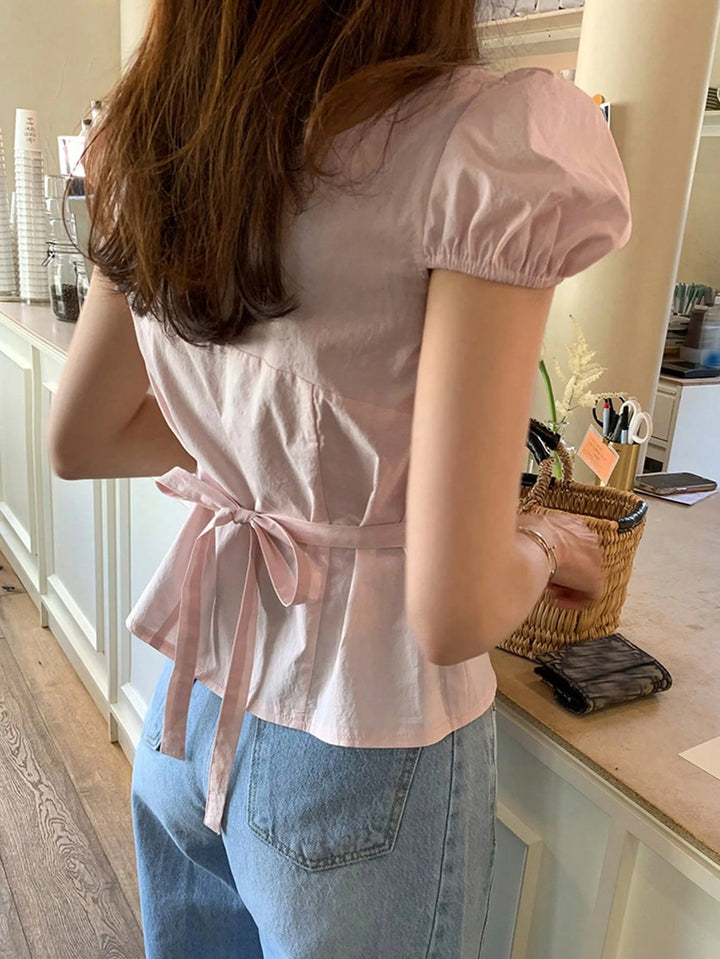 Pink Puff Sleeve Front Tie Up Top