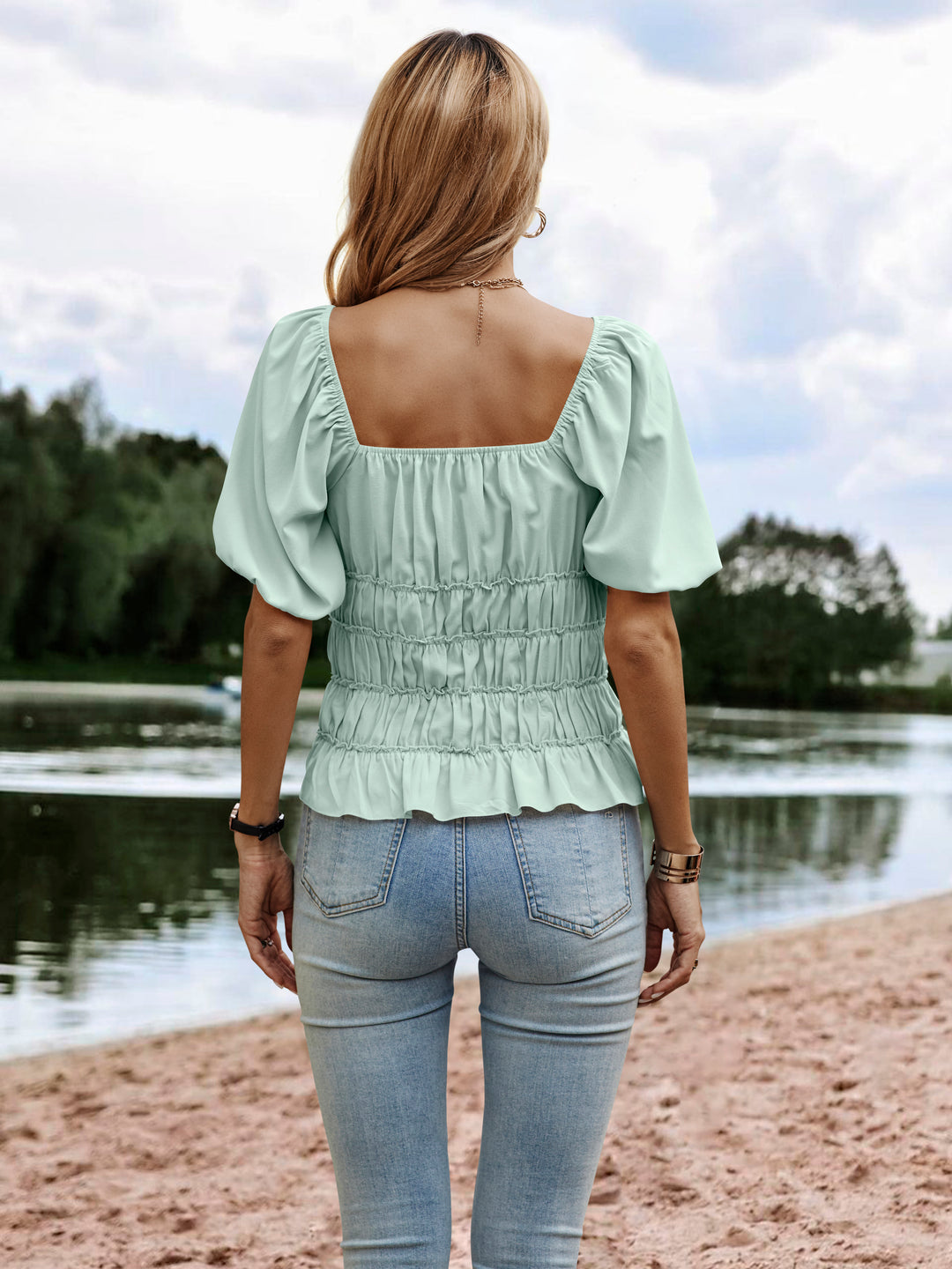 Green Smocked Puff Sleeeved Top