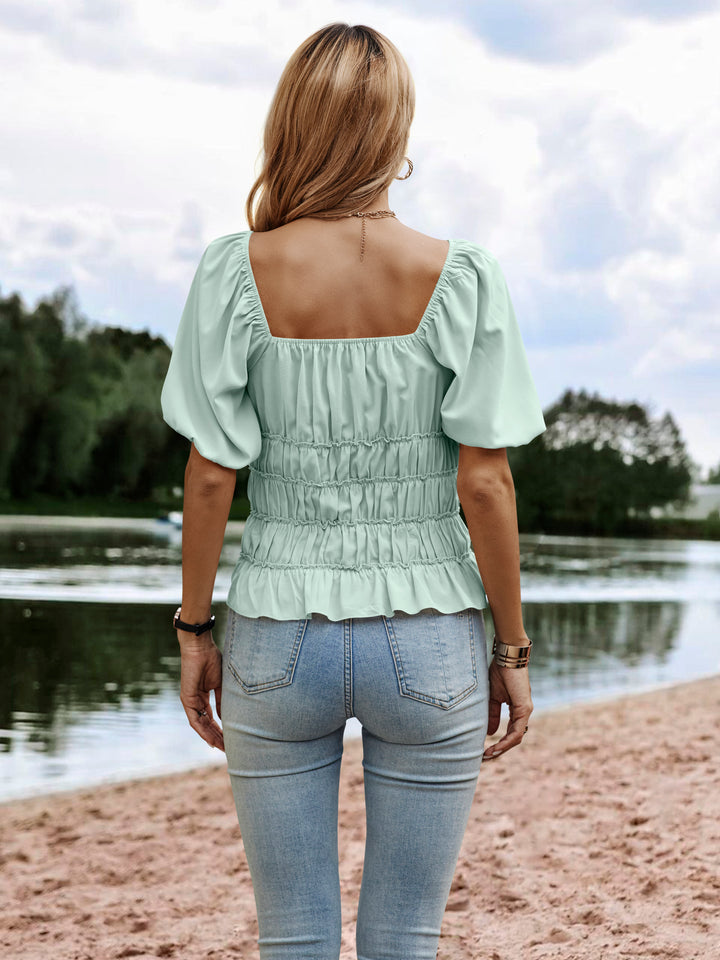 Green Smocked Puff Sleeeved Top