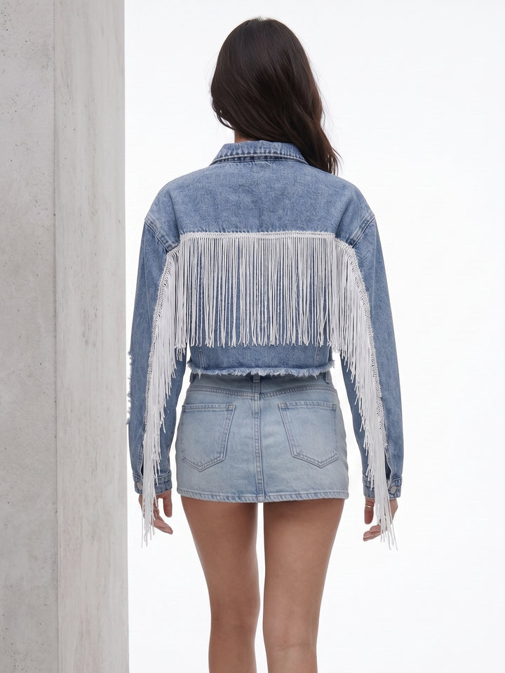 Blue Tassled Fringes Cropped Jacket