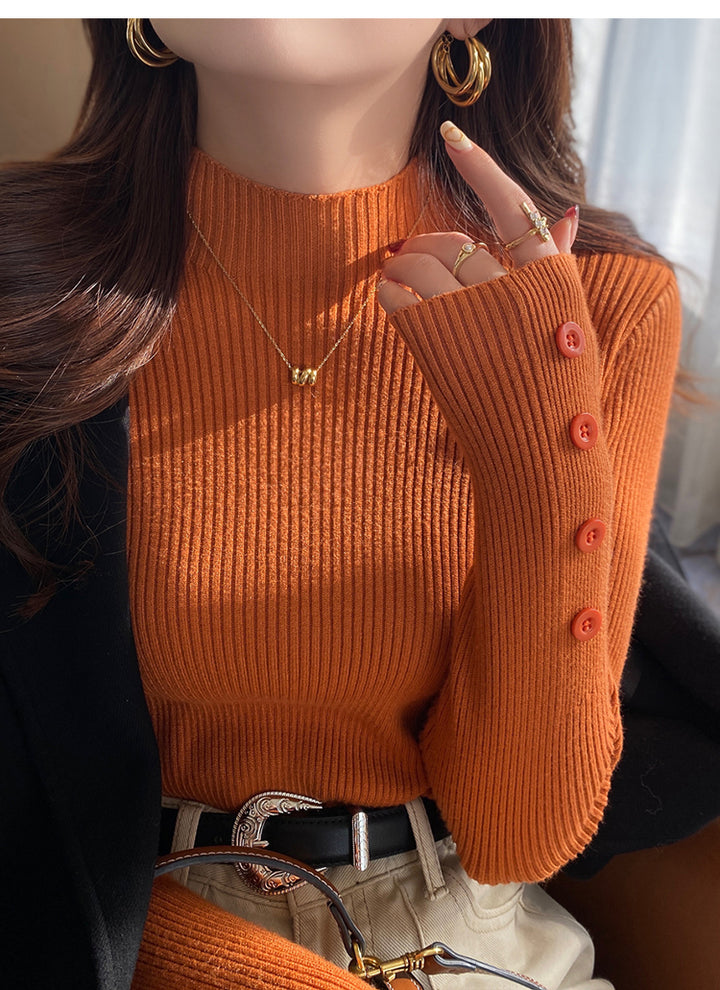 Orange Full Sleeve Mock Neck Button Trim Top