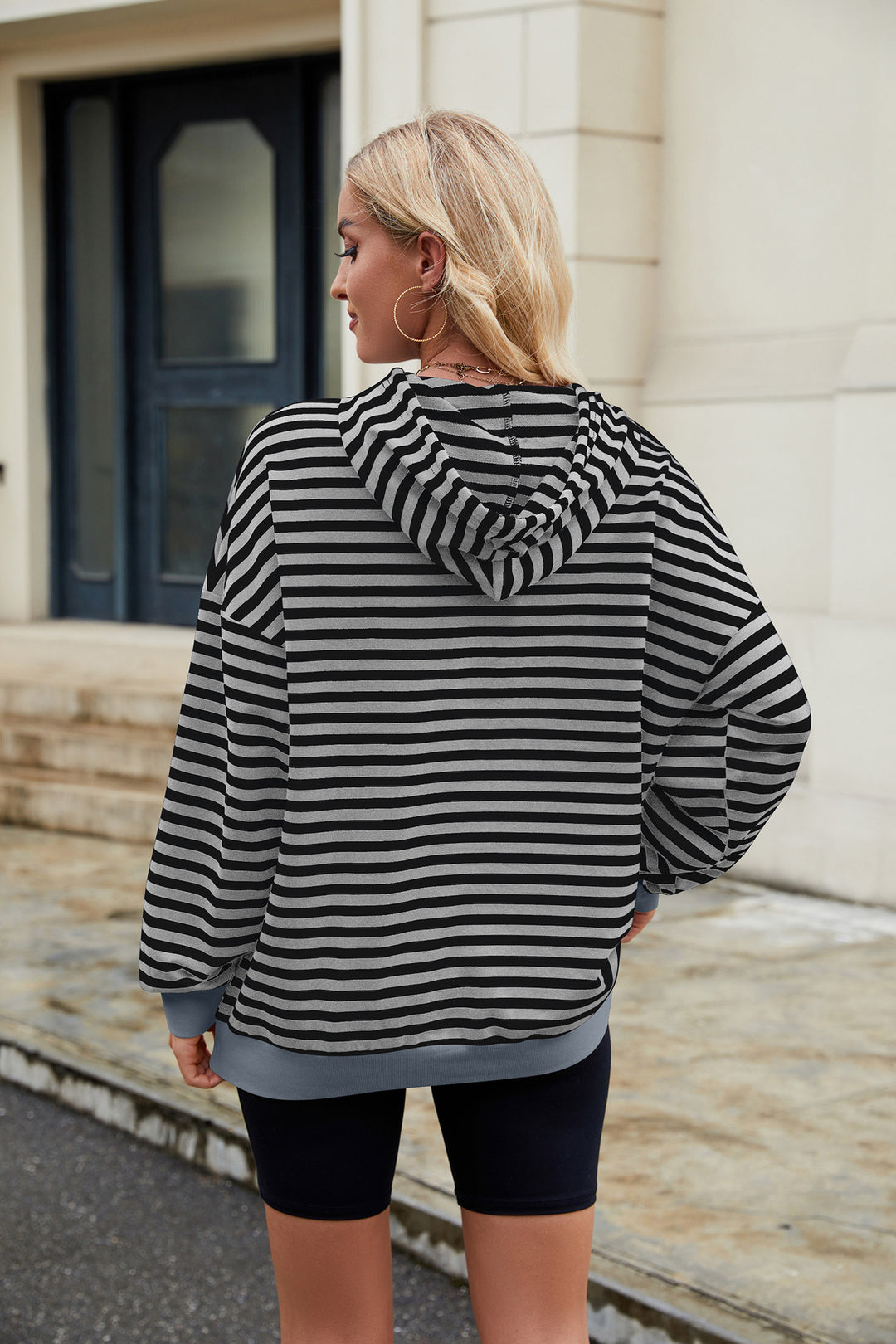 Blue Full Sleeve Stripes Hooded Sweatshirt