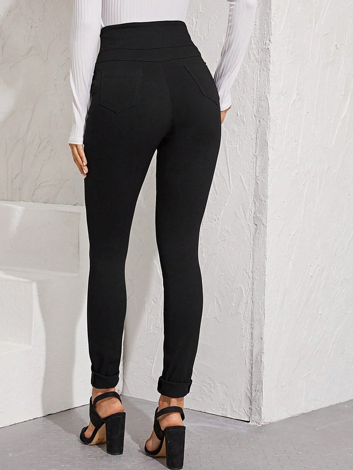 Black High Waist Buttoned Skinny Pants