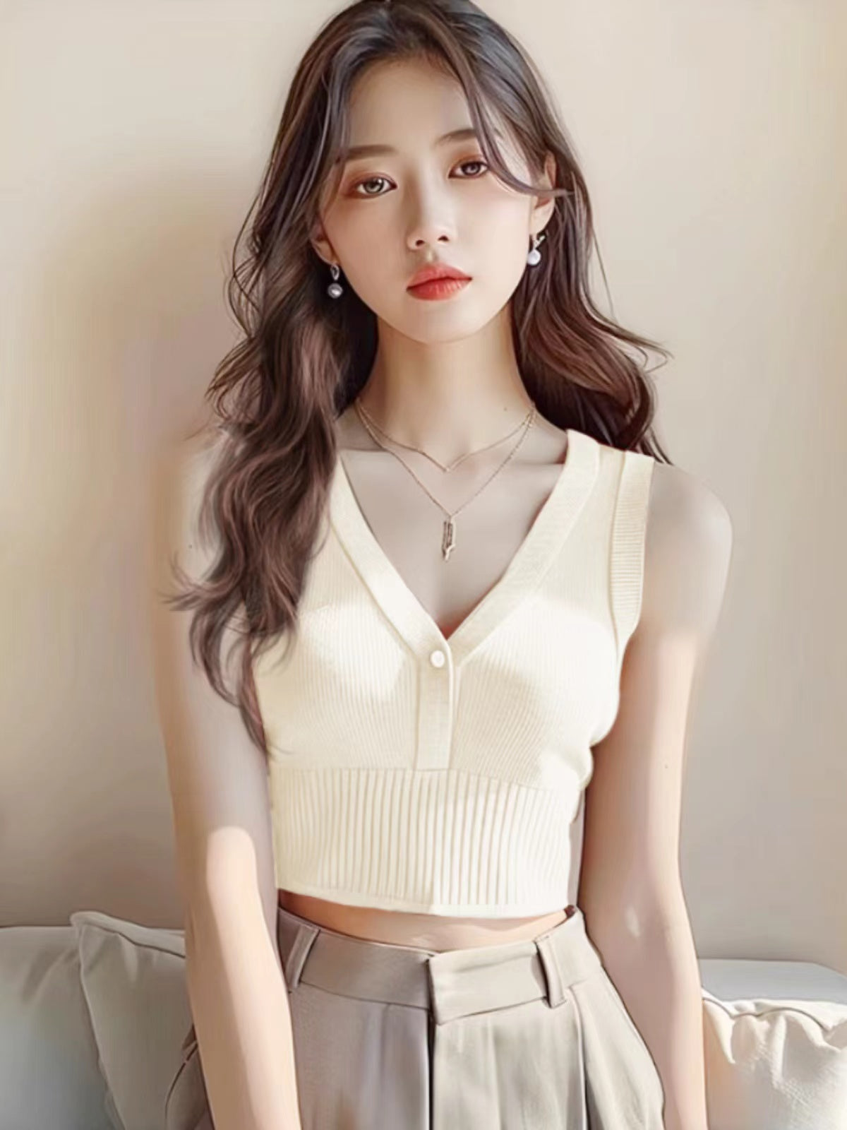 White Plunge Neck Tank Top