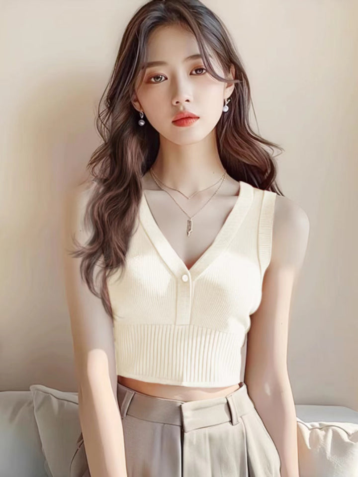 White Plunge Neck Tank Top