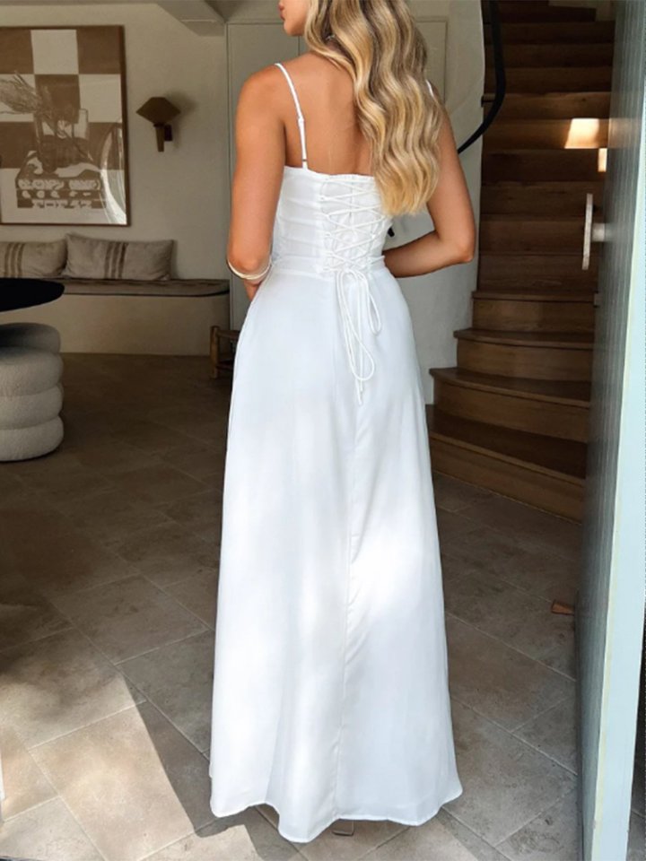 White Cinched Waist Solid Fit & Flare Maxi