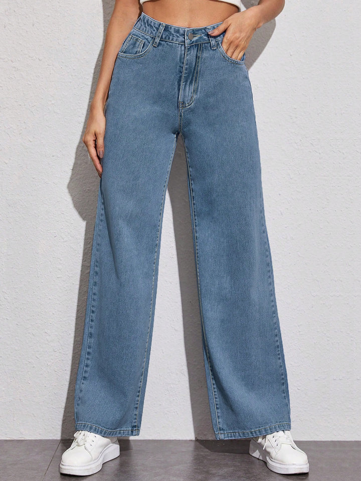Blue Basic Tinted Wide Leg Jeans