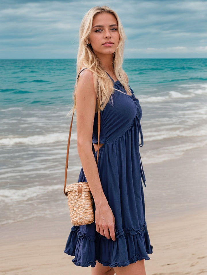 Blue Halter Neck Ruffle Dress