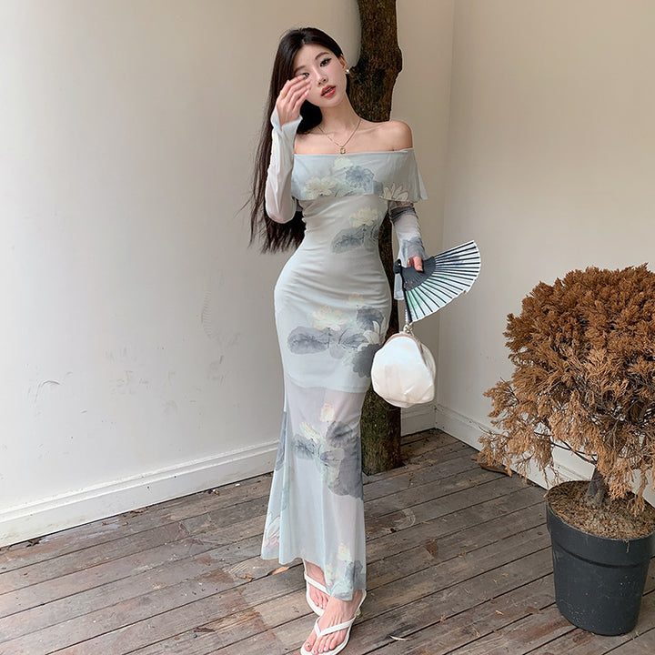 Green  Floral Print Bell Sleeves Off Shoulder Dress