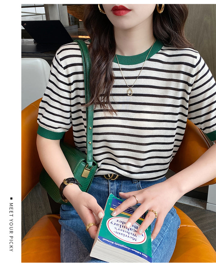 Dark Green Contrast Hem Striped Top
