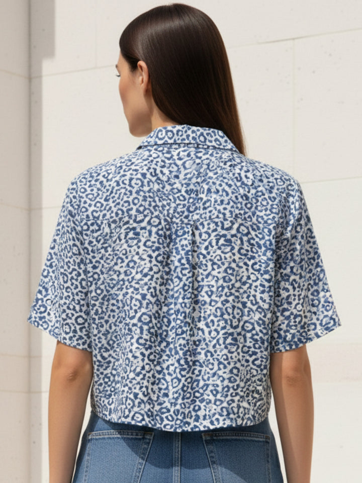 Blue Printed Cropped Shirt