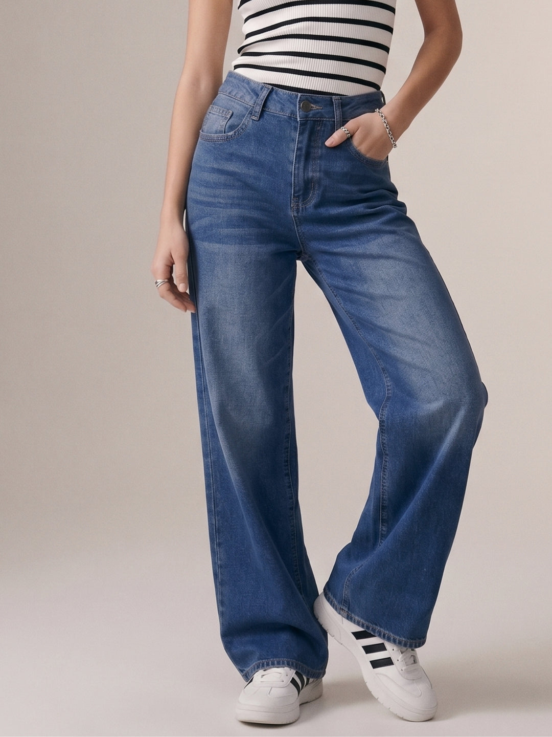 Blue Clean Washed Folded Hem Jeans