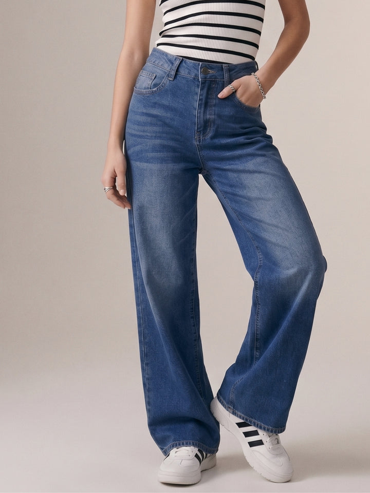 Blue Clean Washed Folded Hem Jeans