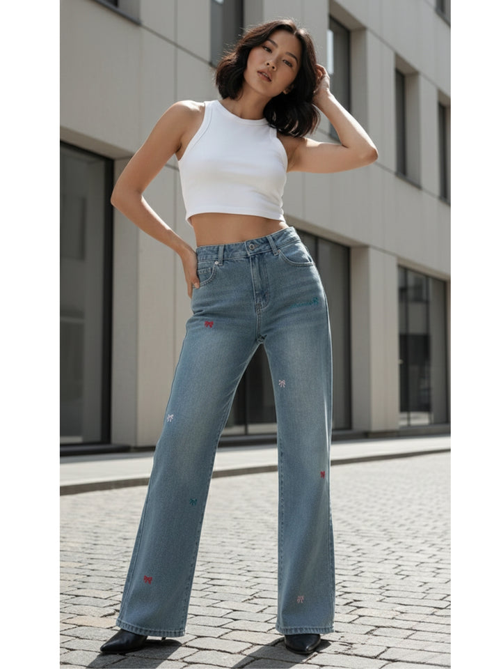 Blue High Waist Bow Printed Wide Leg Jeans