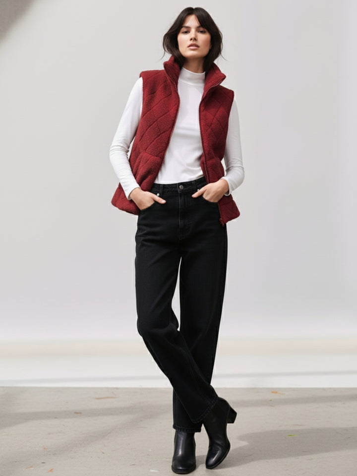 Maroon Sleeveless Zip Front Funnel Neck Jacket