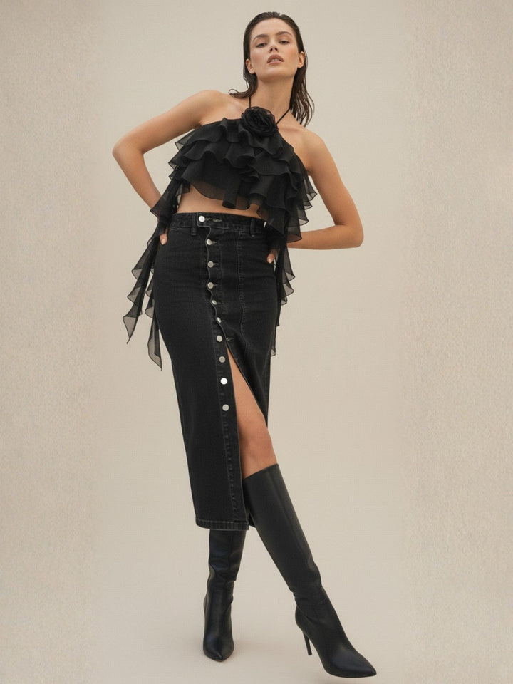 Black High Waist Front Button Slit Skirt