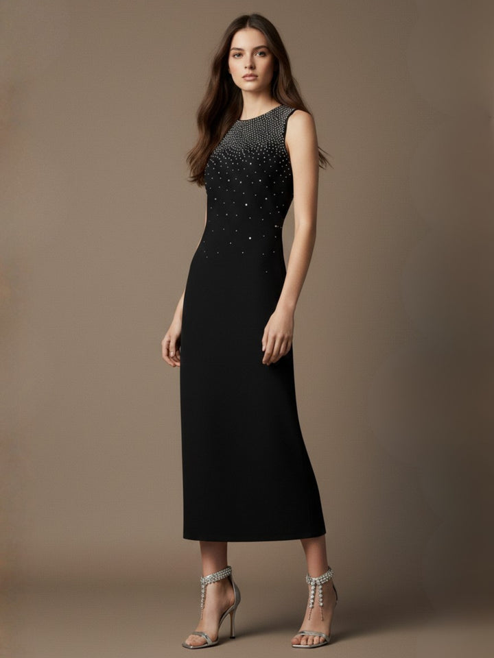 Black High Neck Studded Midi Dress