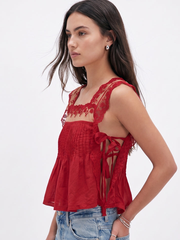 Red Lace Detail Side Tie-Up Top