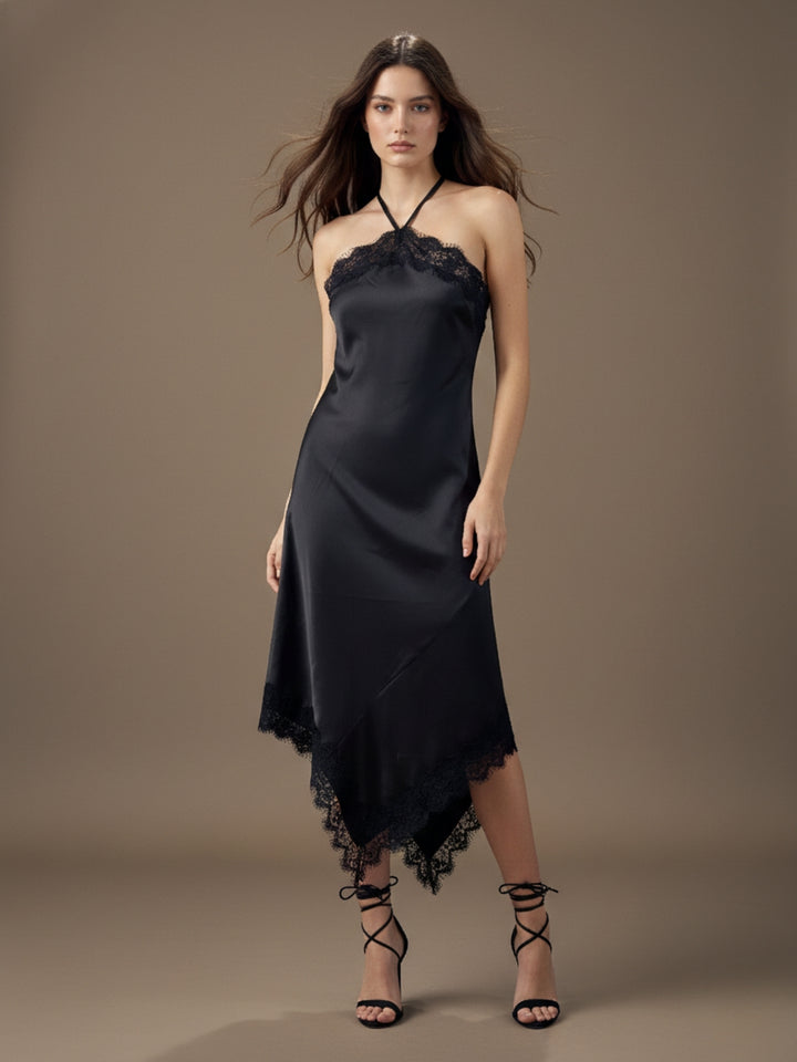 Black Satin Midi Dress With Assymetric Hemline & Eyelash Lace Detail