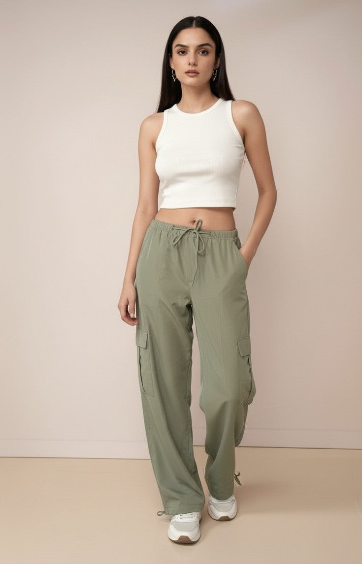 Olive Cargo Pockets Drawstring Wid Leg Trouser
