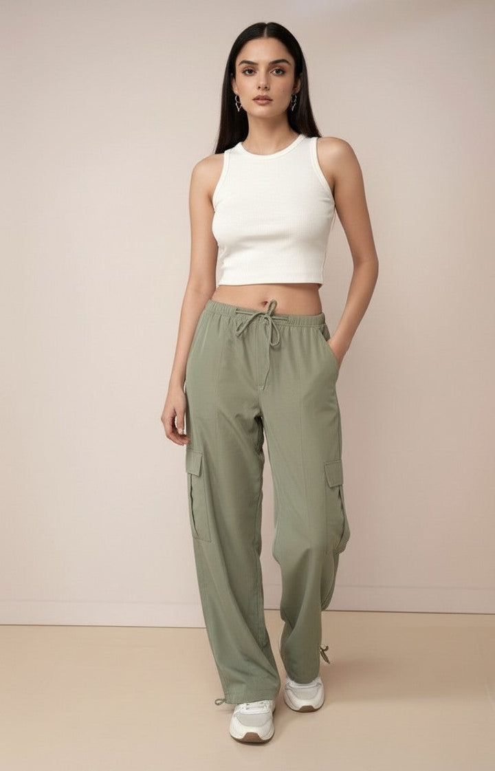 Olive Cargo Pockets Drawstring Wid Leg Trouser