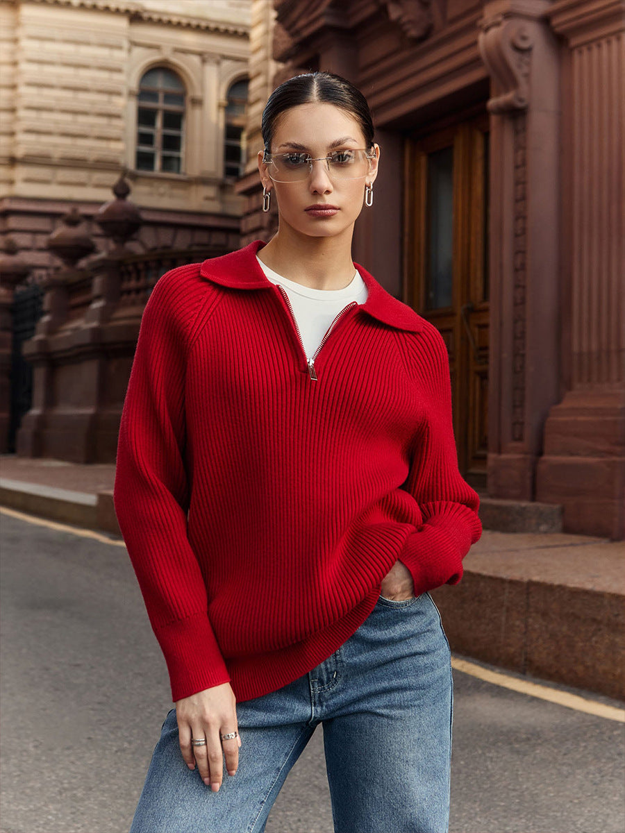 Red Collared Zip Up Sweater