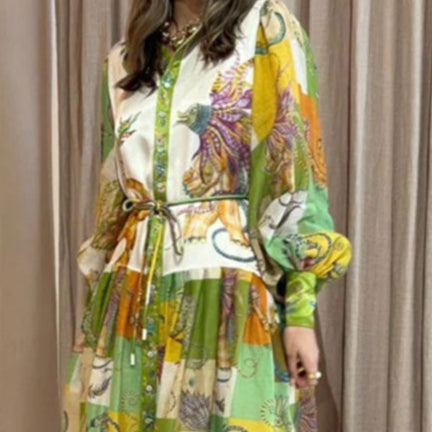 Green Bird Print Volume Sleeves Shirt Maxi Dress