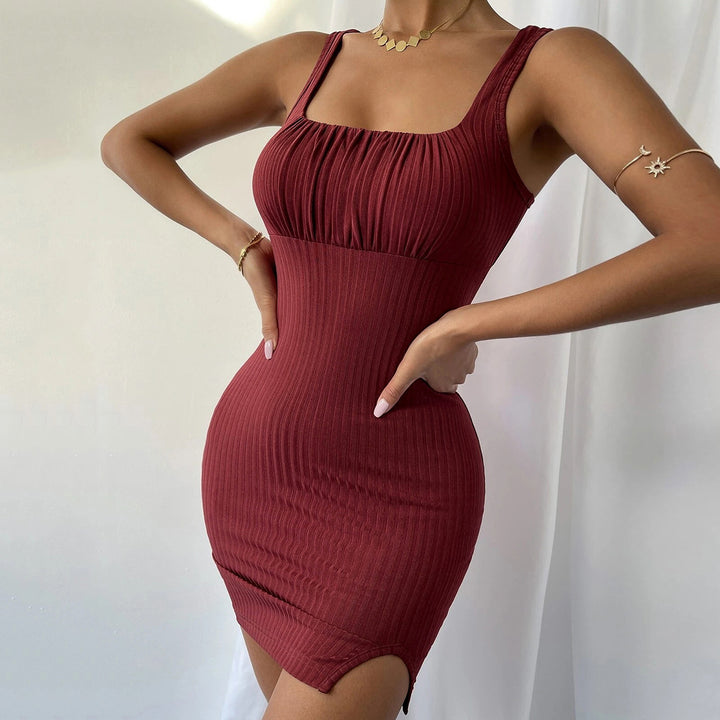 Wine Sleeveless Front Ruched Dress