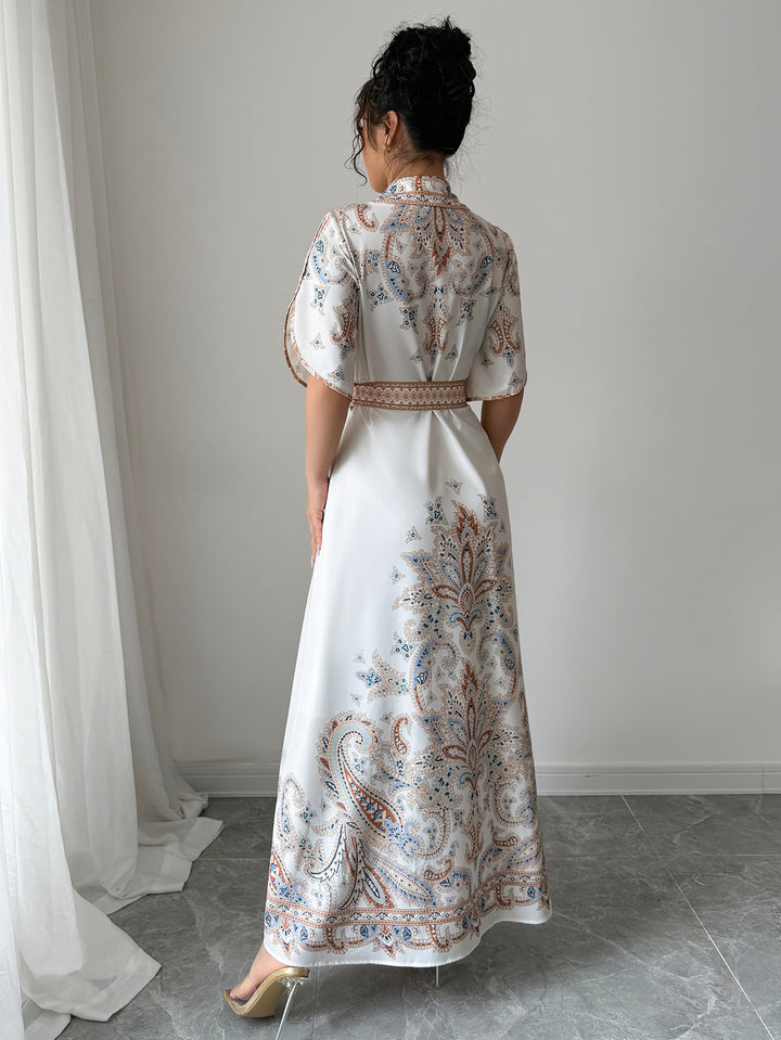 White Button Down Printed Shirt Dress