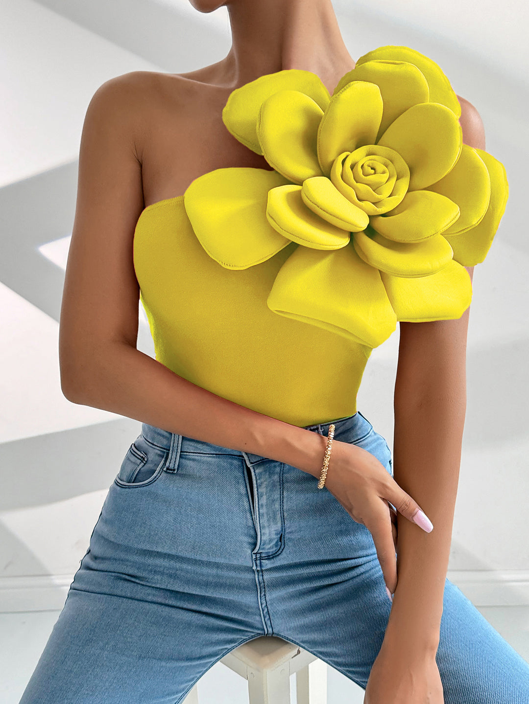 Yellow One Shoulder Flower Attached Top