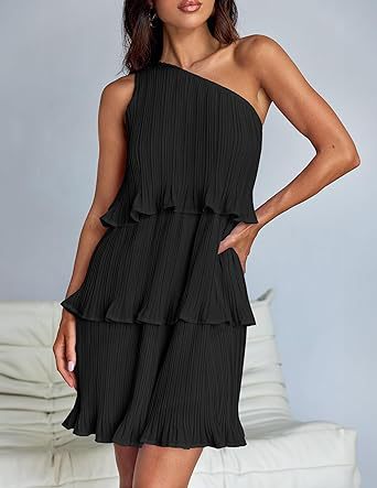 Black One Shoulder Three Tiered Pleated Dress