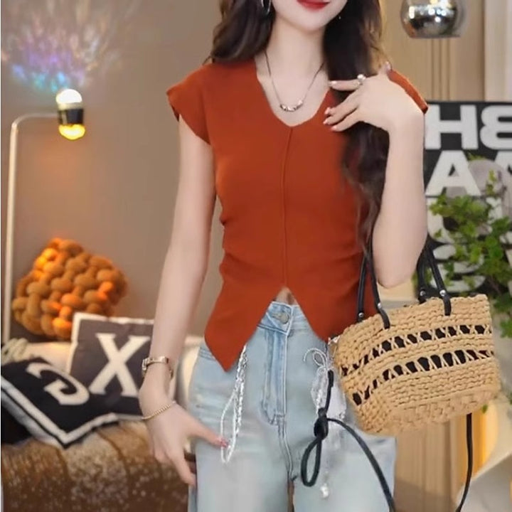 Red V Neck Front Hem Slit Fitted Top