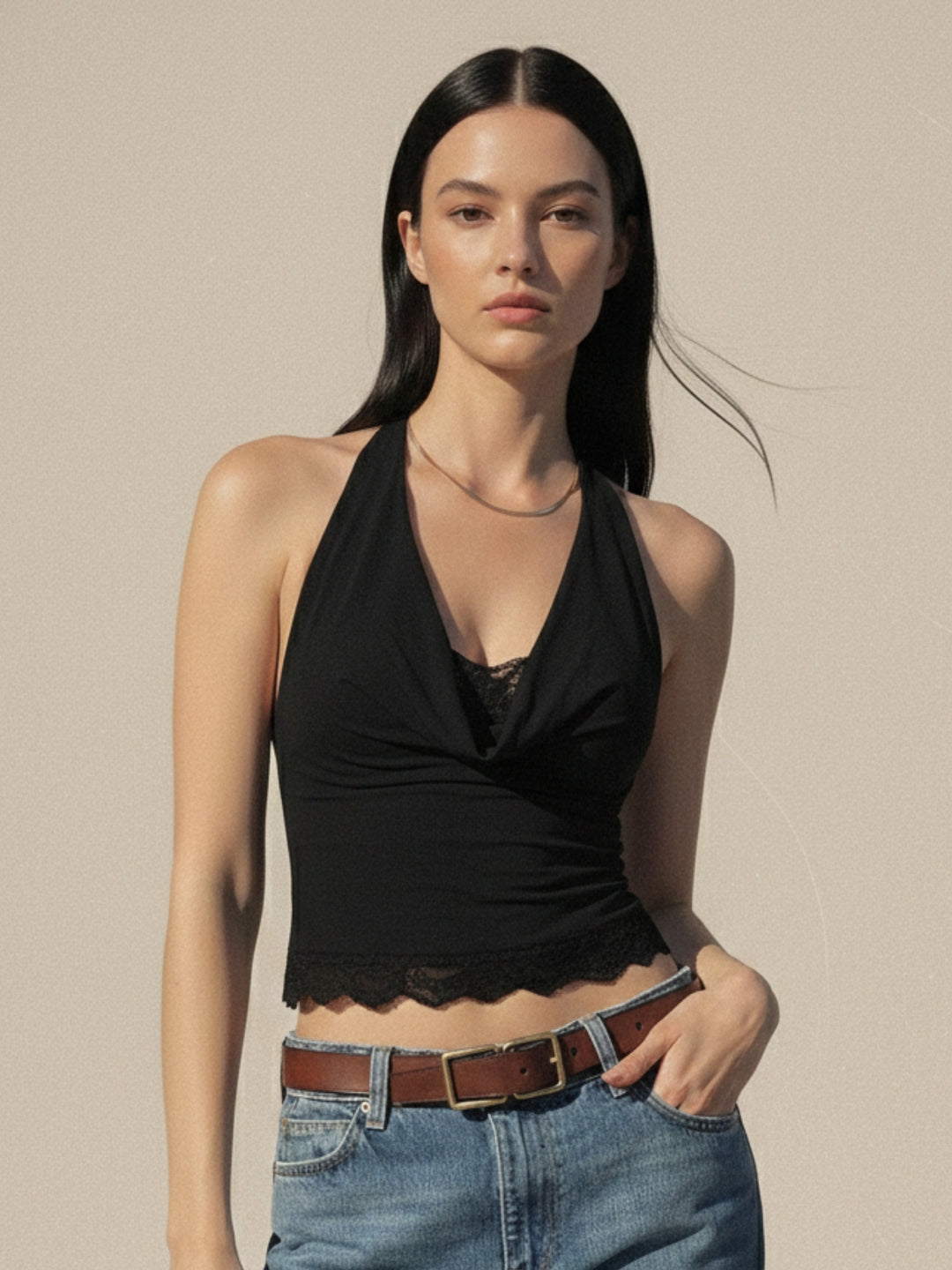 Black Cowl Neck Lace Hem Top