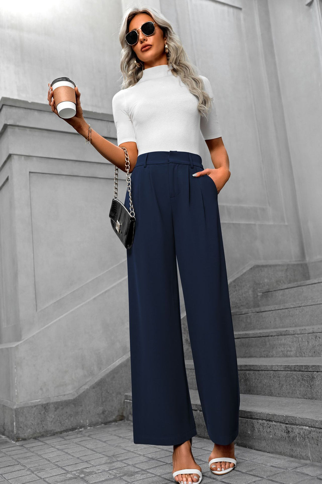 Navy Blue Waist Band Pleated Straight Fit Pants