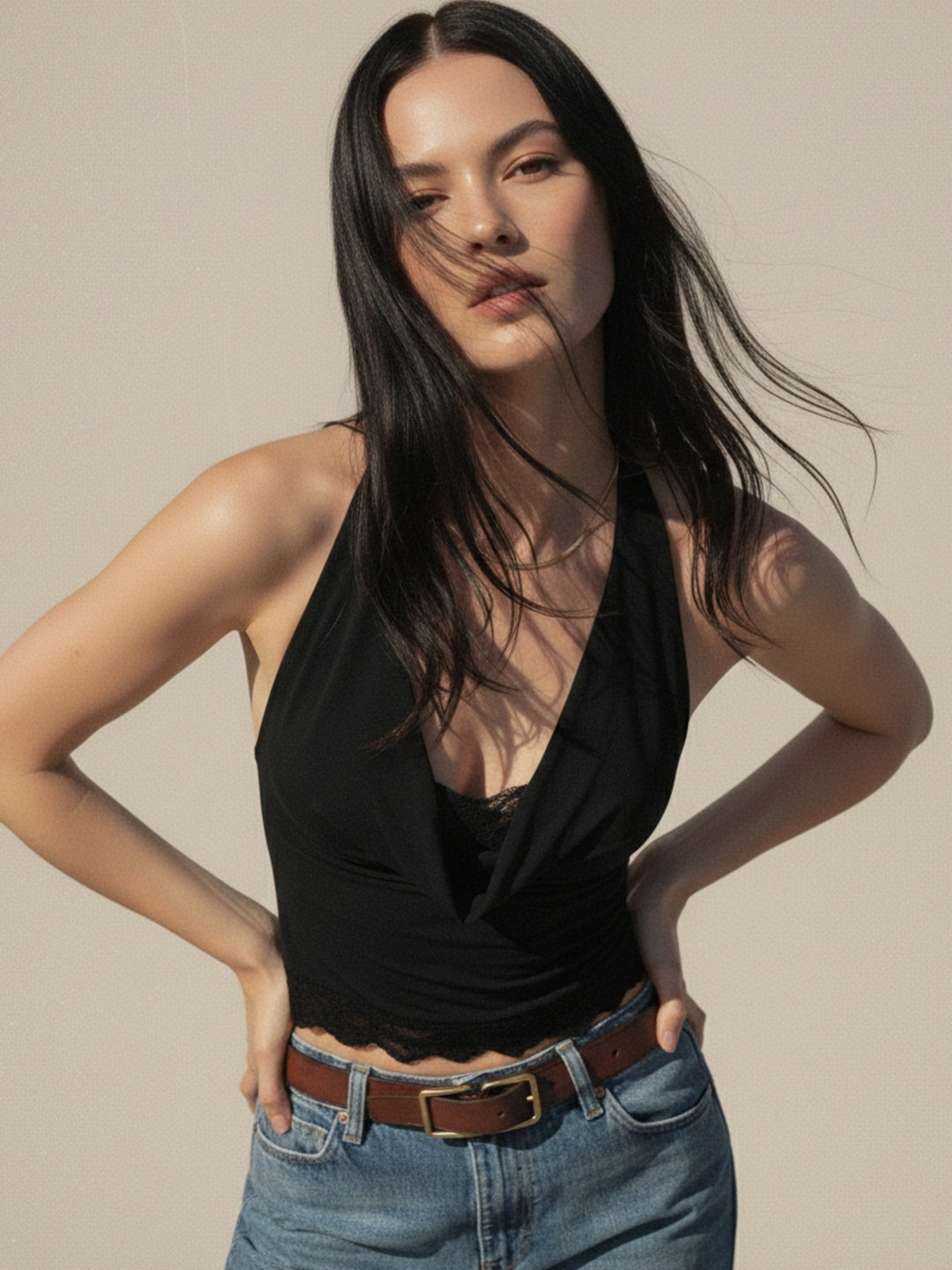 Black Cowl Neck Lace Hem Top