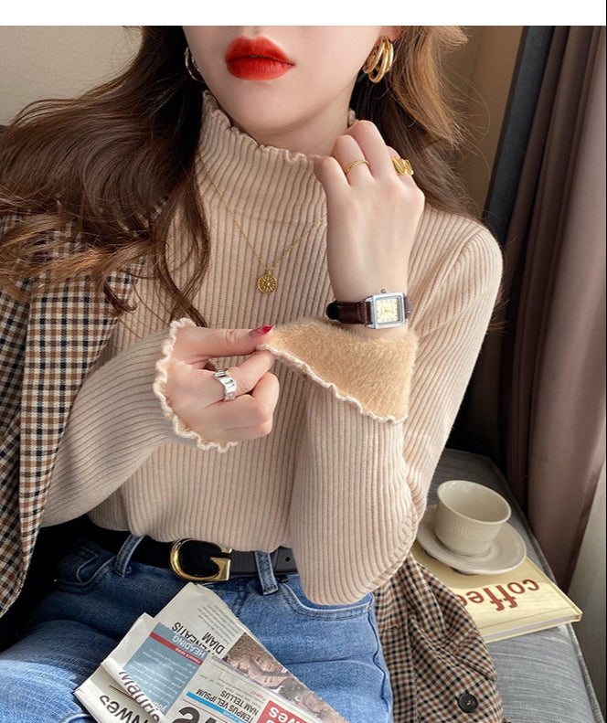 Beige Full Sleeve Scallop Hem Mock Neck Fitted Sweater