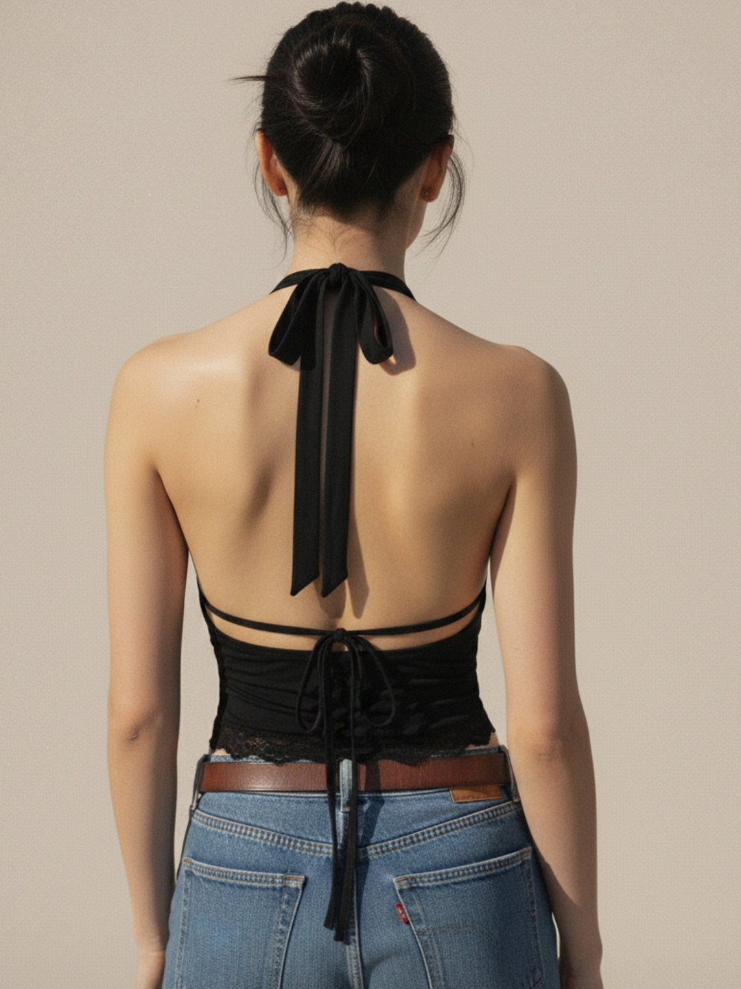 Black Cowl Neck Lace Hem Top