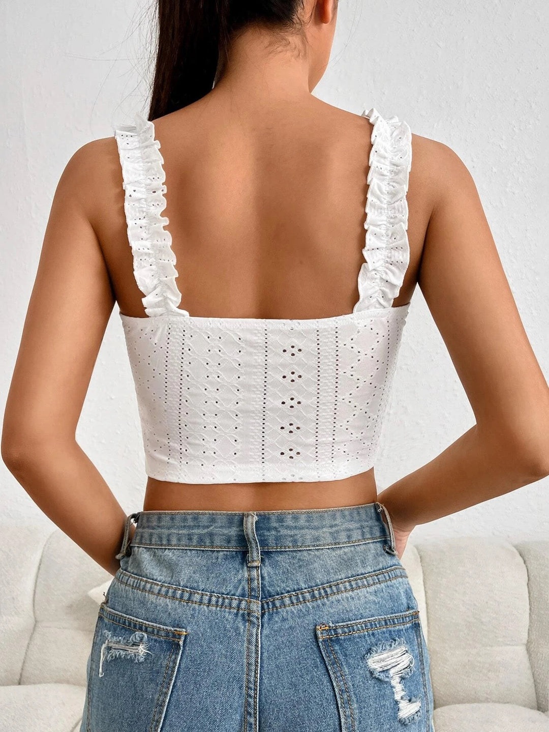 Off White Ruffle Shoulder Strap Top