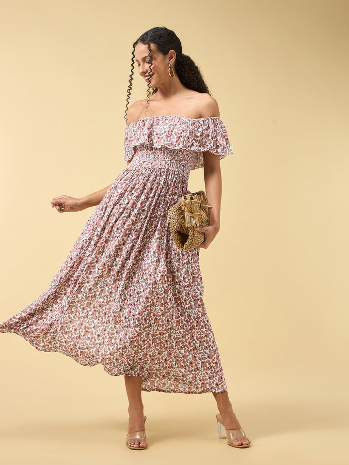 Beige Off Shoulder High Slit Dress