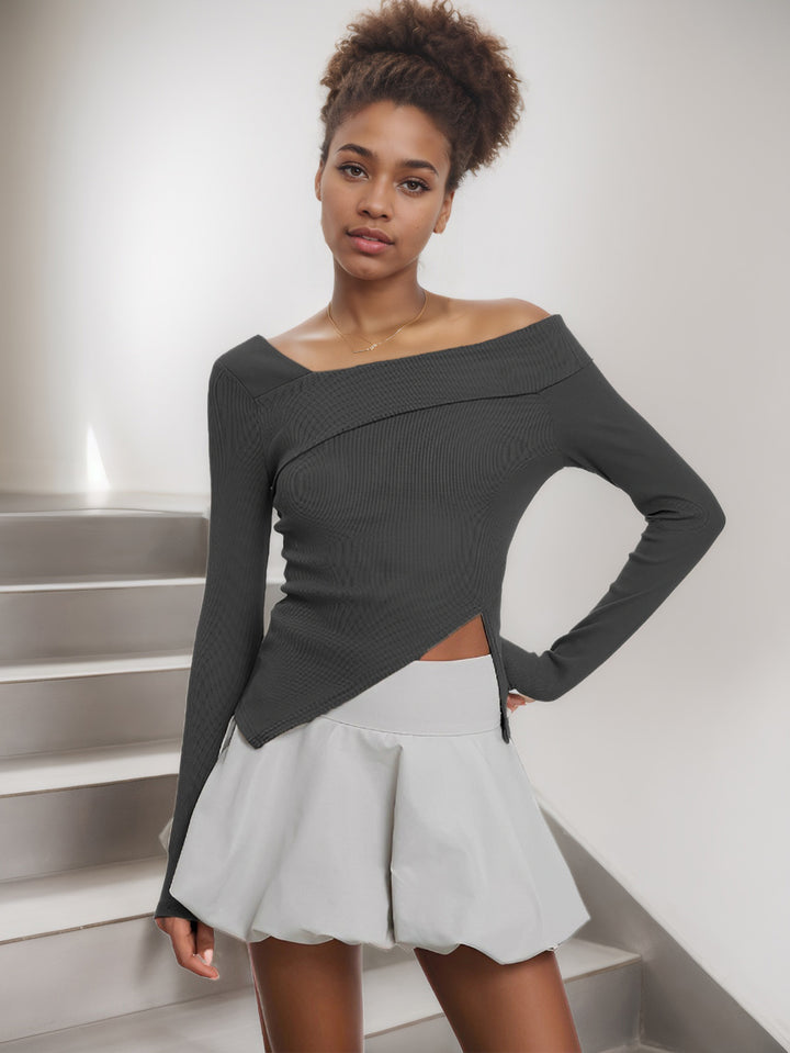 Grey Off-Shoulder Asymmetric Hem Top