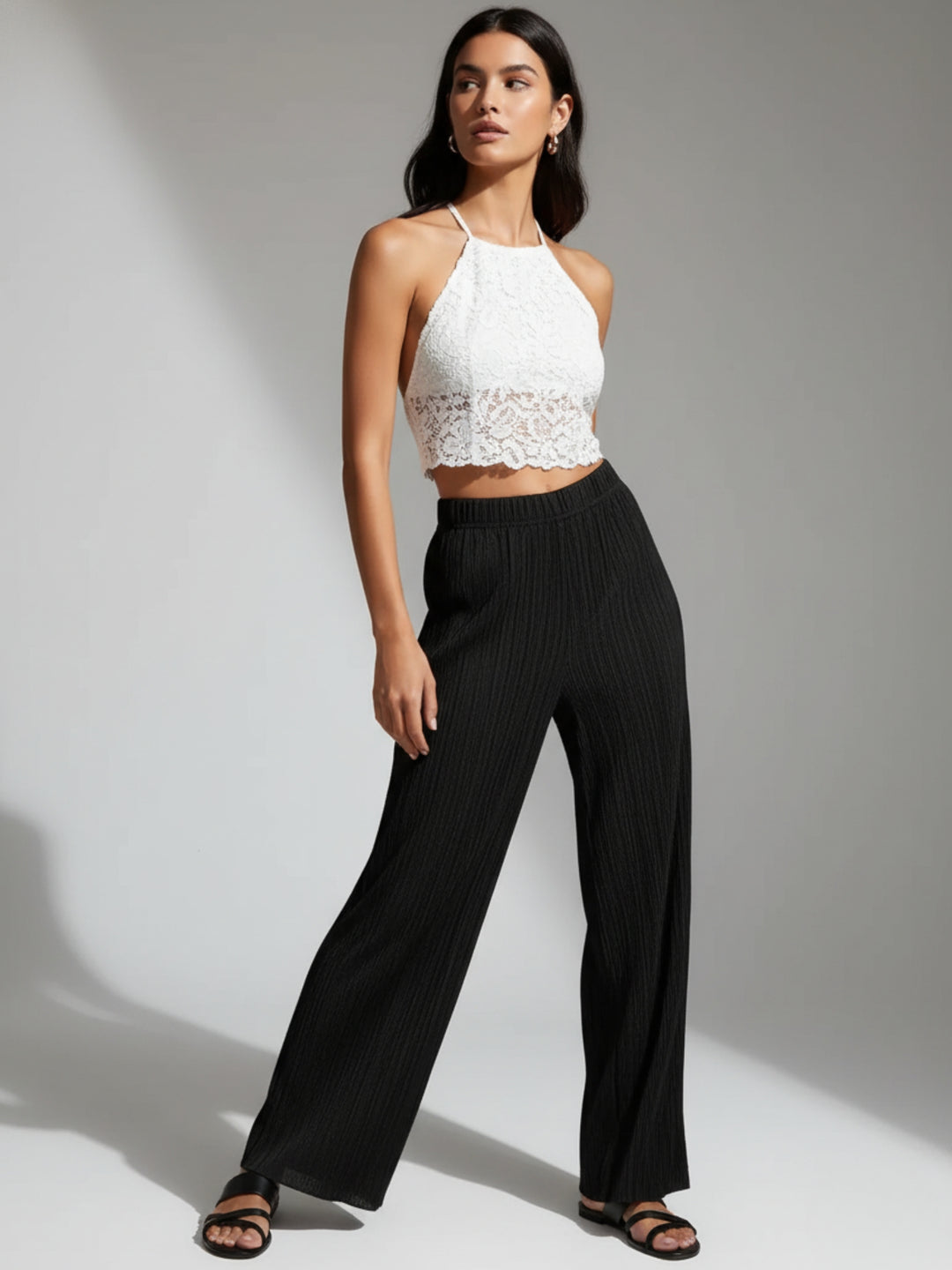 Black Flat Waistband Textured Wide Leg Trouser
