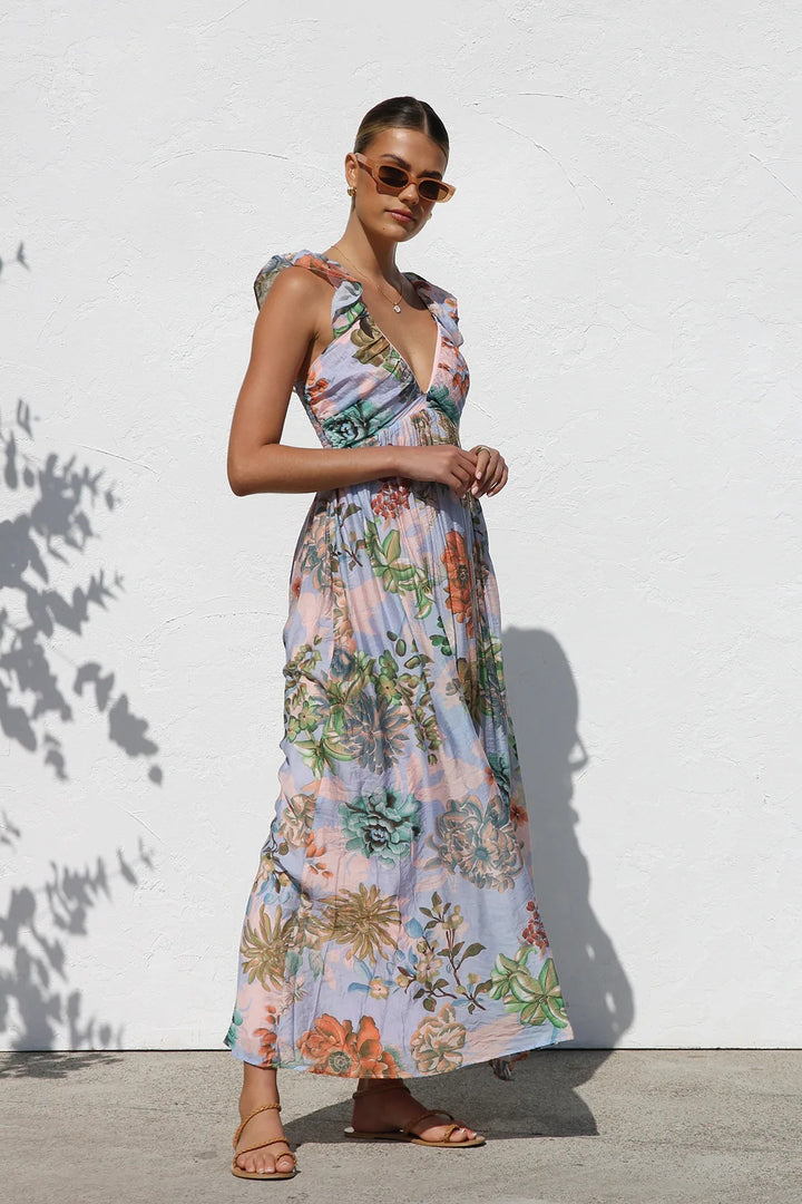 Blue Printed Sleeveless Plunging V-Neck Dress