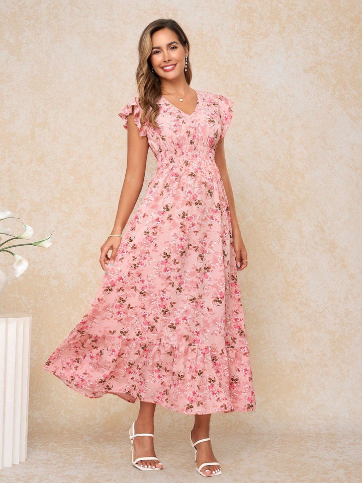 Pink Ruffle Sleeve V Neck Printed Dress